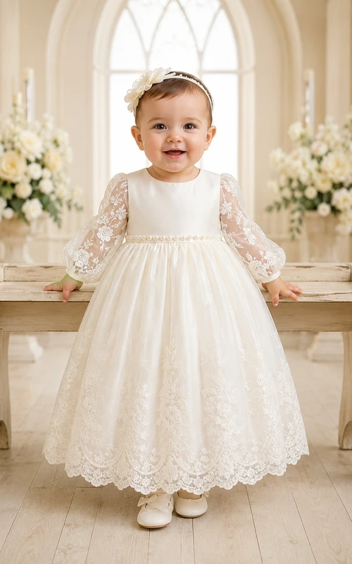Robe de baptême pour bébé, coupe trapèze, manches longues et dentelle brodée