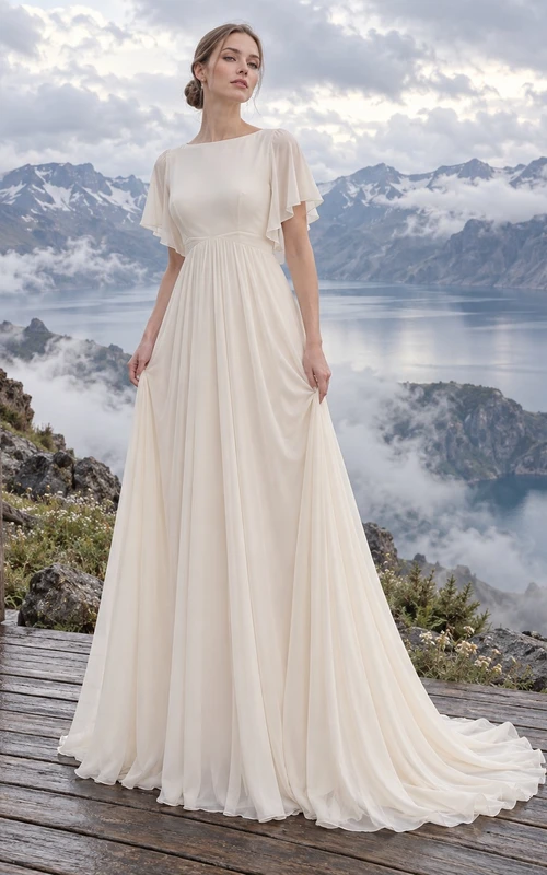 Vestido de novia sencillo y modesto de gasa con cuello alto y manga corta, corte en A