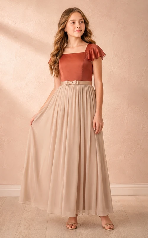Papayafarbenes Brautjungfernkleid für junge Damen, A-Linie, eckig, kurze Ärmel, Rüschen, romantisch