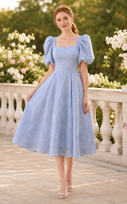 Sky Blue Puff Sleeve A-Line Midi Dress