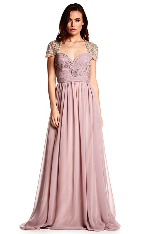 Vestido de fiesta de gasa con escote corazón fruncido y mangas cortas