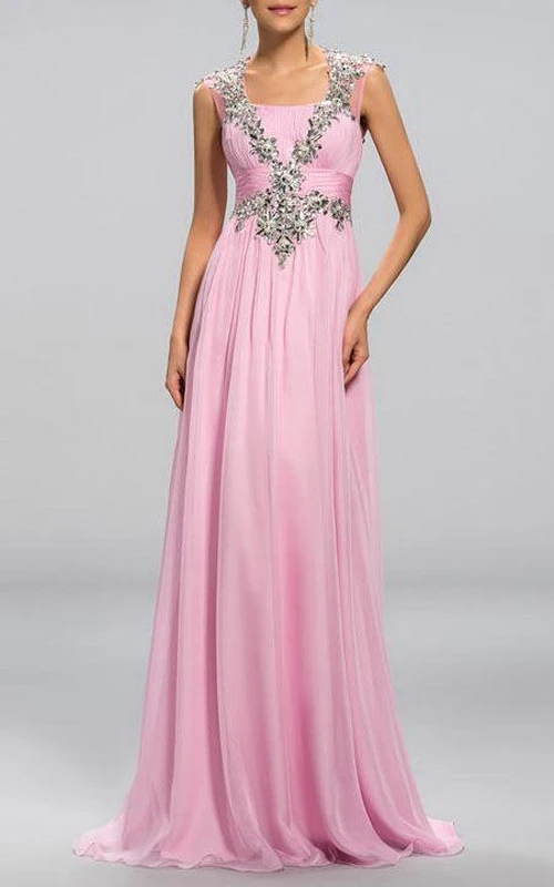 Hübsches A-Linien-Abendkleid mit eckigem Ausschnitt, Perlenstickerei und rückenfreiem Cut-out