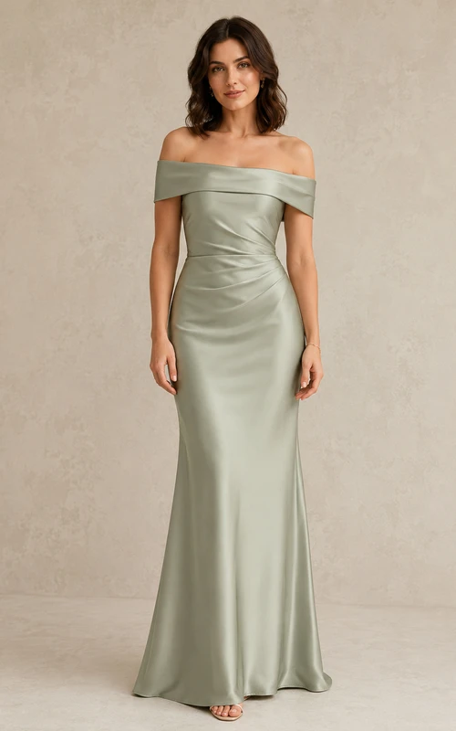 Robe de soirée sirène en satin sauge à épaules dénudées
