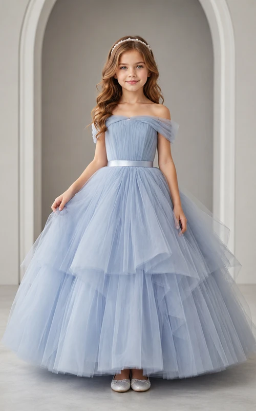 Flower Girl Dress Steel Blue Tulle A-Line Off Shoulder High Low Ruffle Detail