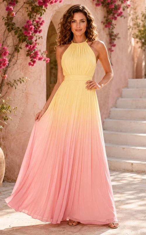 Vestido de noche largo hasta el suelo, de gasa, sin mangas, con escote halter y corte en A, color rosa narciso degradado.