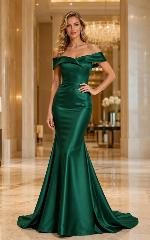Smaragdgrünes, bodenlanges, schulterfreies, kurzärmeliges Abendkleid aus Satin in Meerjungfrauen-Optik