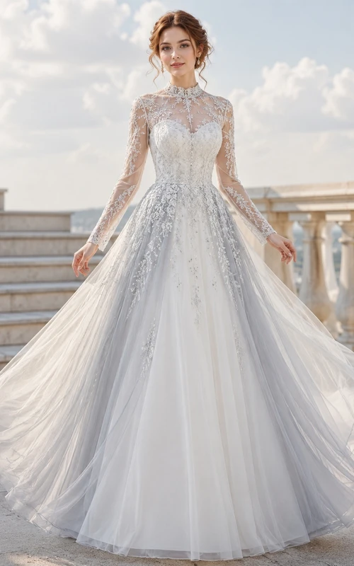 Graues Winterkleid in A-Linie, hoher Kragen, lange Ärmel, bodenlang, Schleppe, schlichtes Kleid