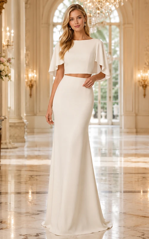 Robe de mariée sirène noire à manches cape et nœud papillon, deux pièces