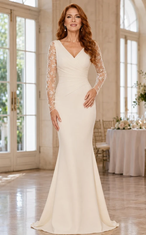 Soft neutral V neck lace sleeve mermaid mother gown