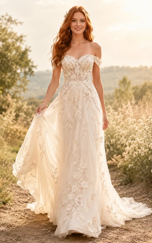Vestido de novia de encaje campestre, corte A, hombros descubiertos, largo hasta el suelo, apliques, espalda baja en V.