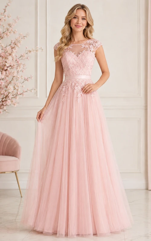 Vestido de fiesta formal modesto de manga corta con encaje floral, tul y escote barco, color rosa empolvado, corte en A y largo hasta el suelo.
