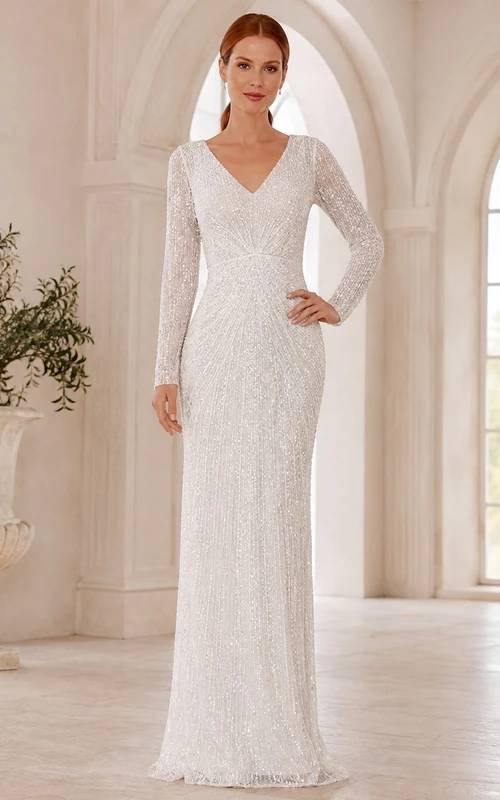 Weißes Pailletten-Tüll-Abendkleid mit langen Ärmeln, V-Ausschnitt, Meerjungfrauenschnitt und Schleppe