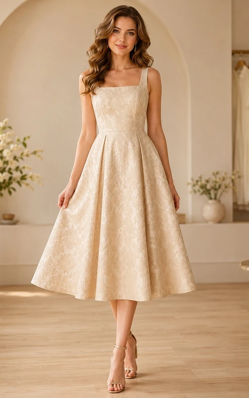 Champagne Square Neck Straps Sleeveless Satin A-Line Tea-Length Dress
