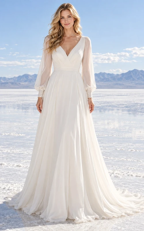 Vestido de novia sencillo de gasa lisa, corte en A, manga larga, escote en V y largo hasta el suelo