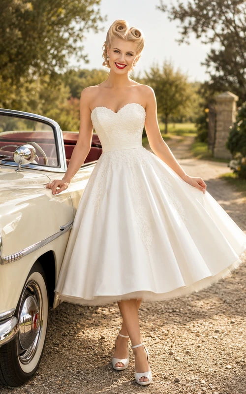 Retro Sweetheart Strapless Satin Tea-Length A-Line Wedding Dress