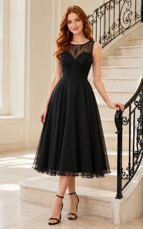 Black Lace V-Neck Sleeveless Illusion-Back Tea-Length Cocktail Dress