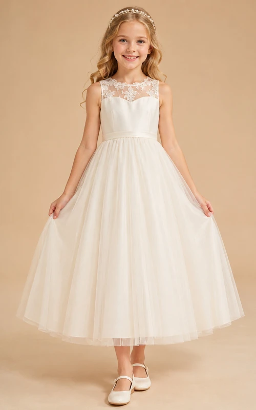 Illusion Lace Tulle A-Line Flower Girl Dress with Jewel Neck and Tea-Length Skirt