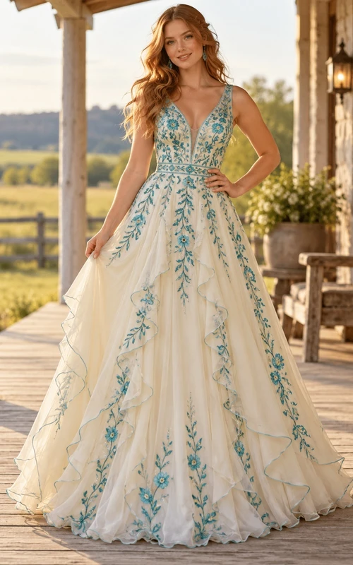 Robe de bal western en tulle crème turquoise à fleurs et col en V
