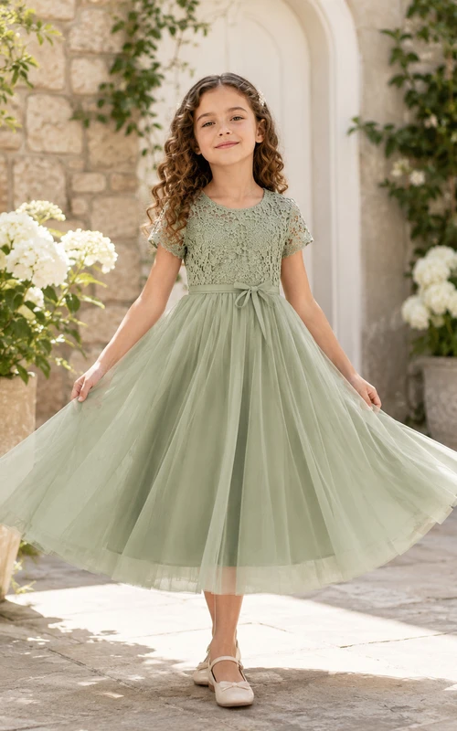 Robe de demoiselle d'honneur mi-longue en tulle et dentelle crochetée couleur sauge, manches courtes