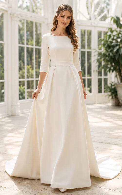 Minimal Bateau Neck Satin Wedding A Line Three Quarter Sleeve Chapel Train