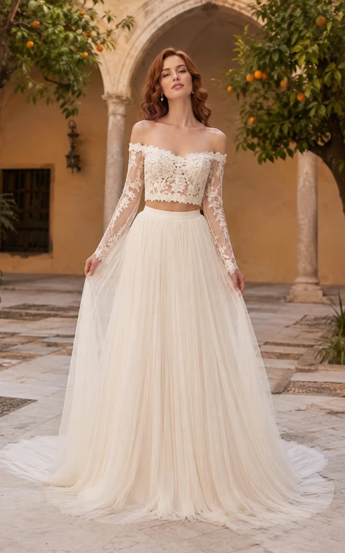 Two Piece Off Shoulder Lace Crop Courtyard A Line Gown