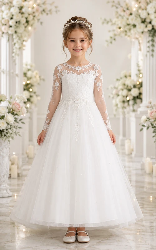 Long Sleeve Lace Illusion White Tulle Flower Girl Dress
