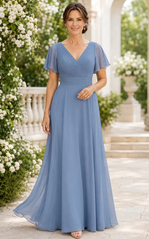 Stahlblaues Chiffon-Kleid in A-Linie mit V-Ausschnitt und Volantärmeln