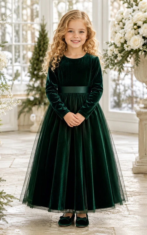 Blumenmädchenkleid, dunkelgrüner Samttüll, A-Linie, lange Ärmel, Rundhalsausschnitt, Teelänge, Schärpendetails