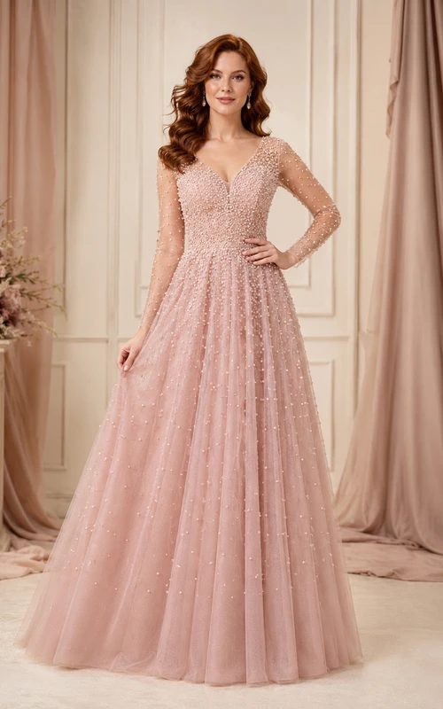 Abendkleid in A-Linie aus rosafarbenem Perlmutt-Tüll mit V-Ausschnitt
