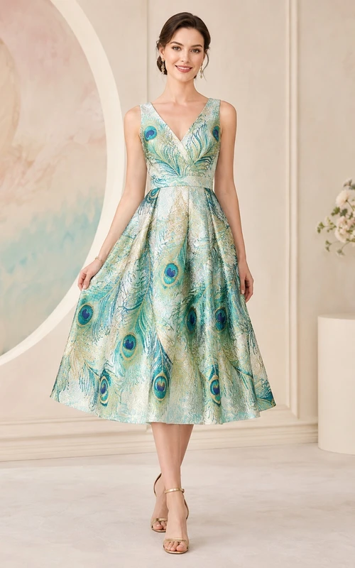 Peacock Cocktail Dress A-Line Printed V-Neck Sleeveless Tea-Length Vintage Party Style