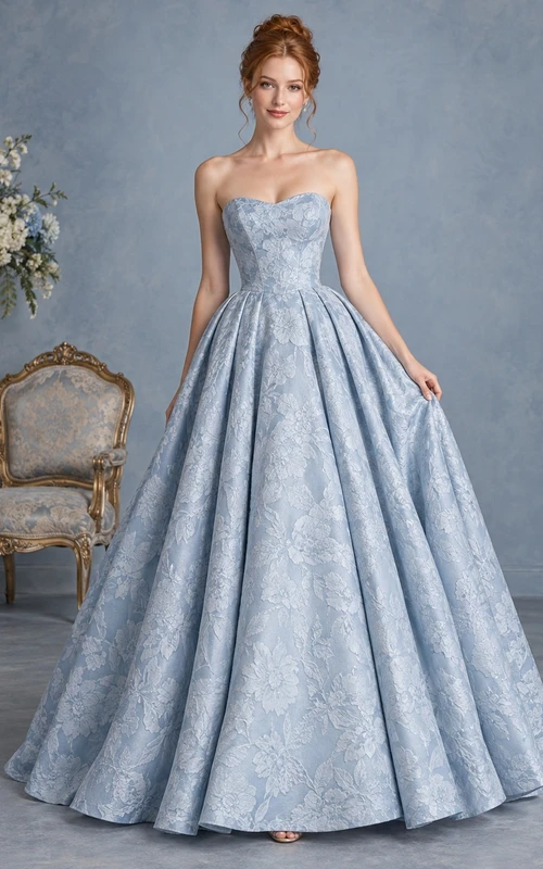 Vestido de fiesta vintage azul cielo sin tirantes con escote corazón y plisado de jacquard