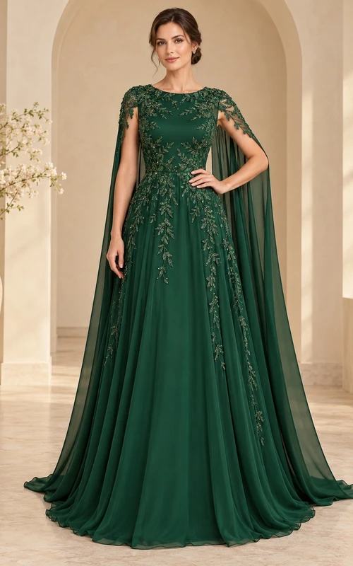 Dark Green Jewel Neck Embroidered Cape Back A Line Evening Dress