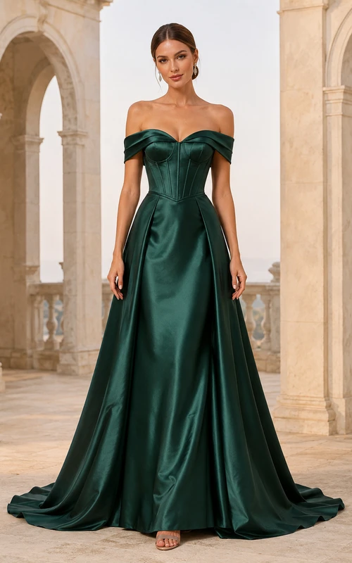 Elegantes dunkelgrünes Satin-Abendkleid in A-Linie, bodenlang, schulterfrei, mit Korsett-Set