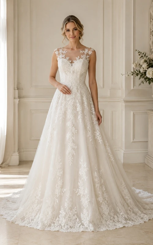 Vestido de novia de encaje con escote ilusión, corte A y estampado floral.