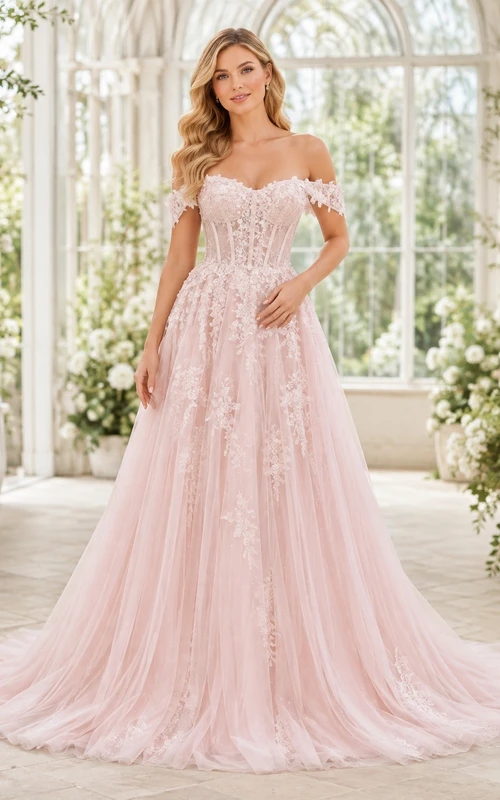 Vestido de novia elegante de estilo bohemio romántico con hombros descubiertos, corte A y encaje.