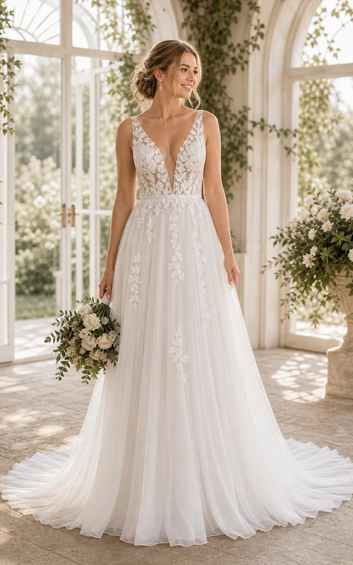 Sexy Boho-Brautkleid im Landhausstil mit V-Ausschnitt, ärmellos, A-Linie, Empire-Schnitt und Illusion-Schnitt aus Tüll – weiß