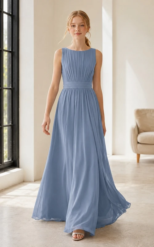 Stahlblaues, elegantes A-Linien-Brautjungfernkleid aus Chiffon mit Schmucksteinen, ärmellos