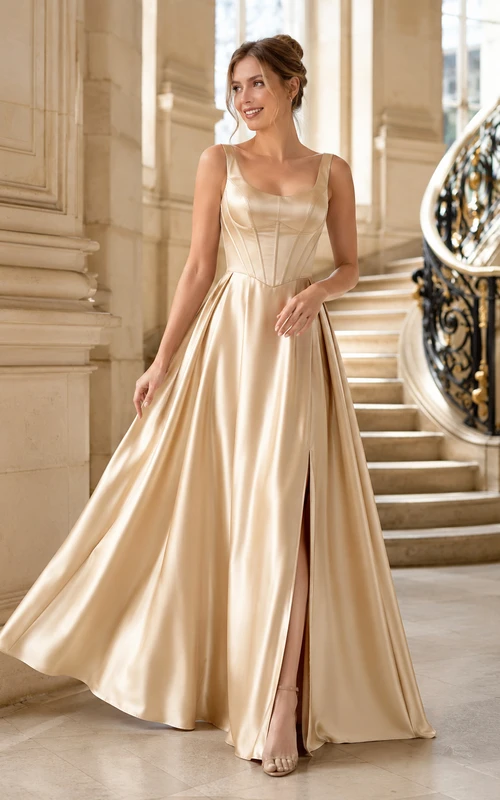 Champagne Square Neck Wide Strap Satin A-Line Floor Length Slit Gown