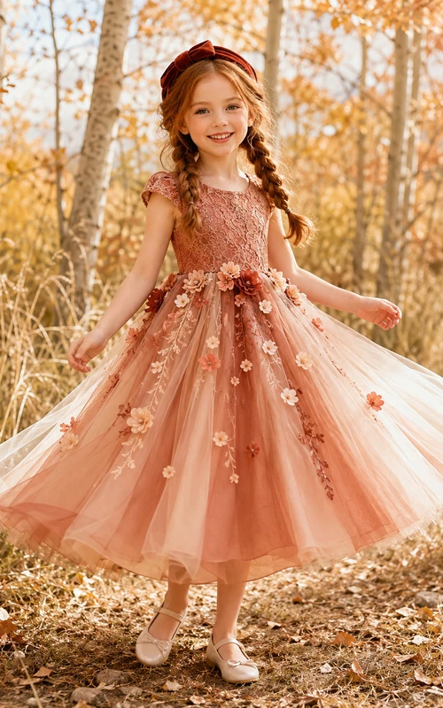 Adorable A-Line Flower Girl Dress with Jewel Neck Floral Appliqu¨¦ Coral Tulle Autumn Celebration