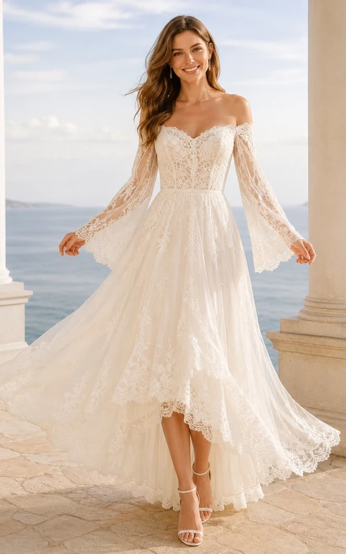 Lässiges, schulterfreies, langärmeliges Brautkleid aus Spitze mit Glockenärmeln und asymmetrischem Saum in A-Linie – romantisches Design