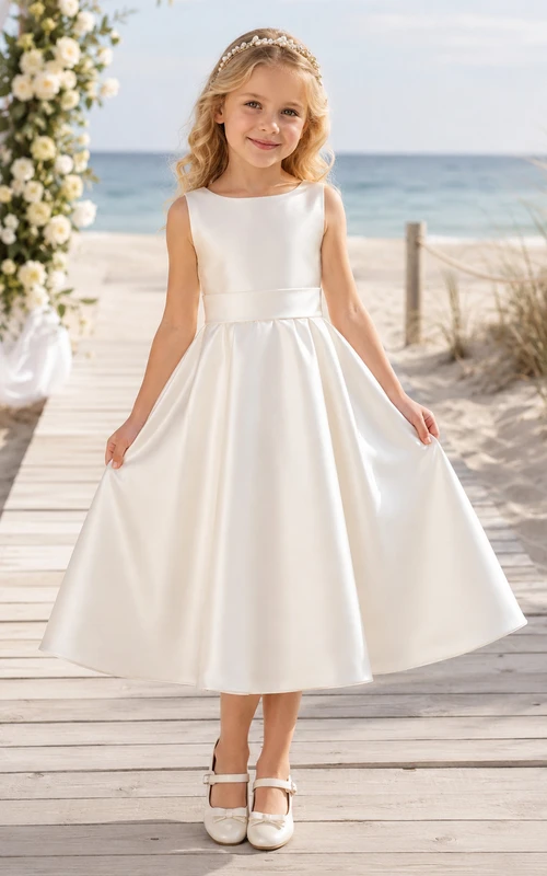 Robe de demoiselle d'honneur de plage en satin, longueur thé, coupe trapèze, avec nœud et corsage sans manches