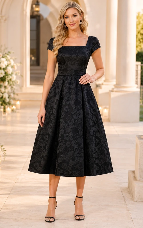 Black Square Neck Cap Sleeve Jacquard A-Line Tea Wedding Guest Dress