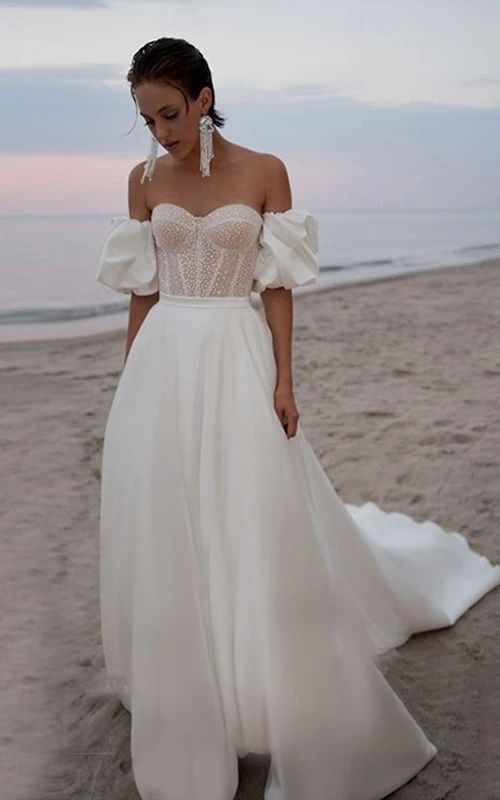 Boho-Hochzeitskleid mit schulterfreiem Korsett und abnehmbaren Ärmeln