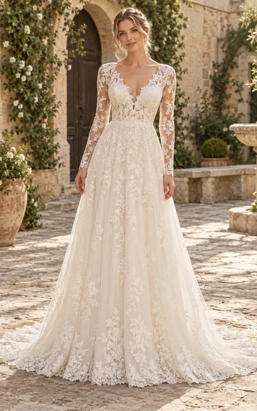 Robe de mariée en tulle à manches longues, décolleté en V profond et application florale, traîne, manches longues et décolleté en V profond.