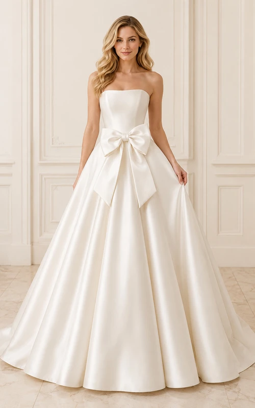 Vestido de novia de satén, estilo princesa, sin tirantes, con cola larga y espalda descubierta.