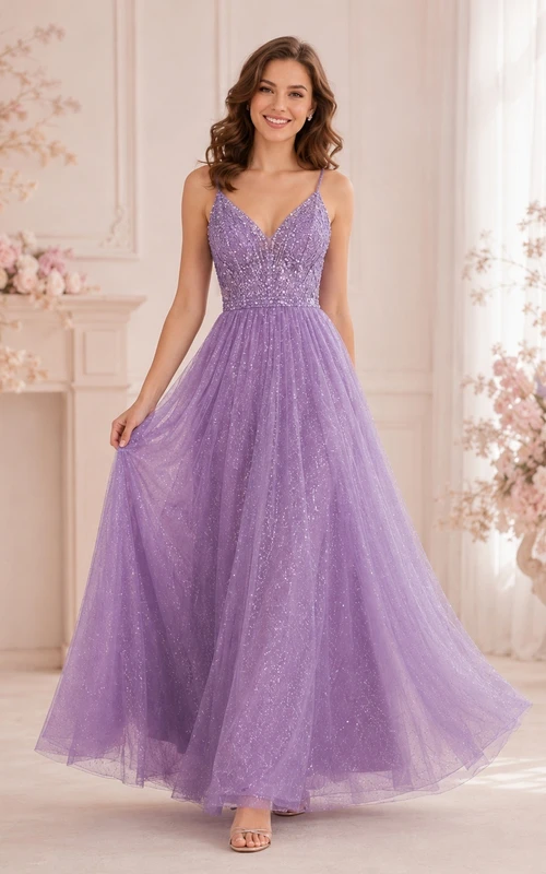 Lavender Evening Dress A-Line Sparkling Tulle V-Neck Spaghetti Strap Sweep Train Romantic Gown
