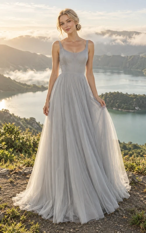 Vestido de novia sencillo de corte A, sin mangas, con escote redondo y falda en tul gris acero.