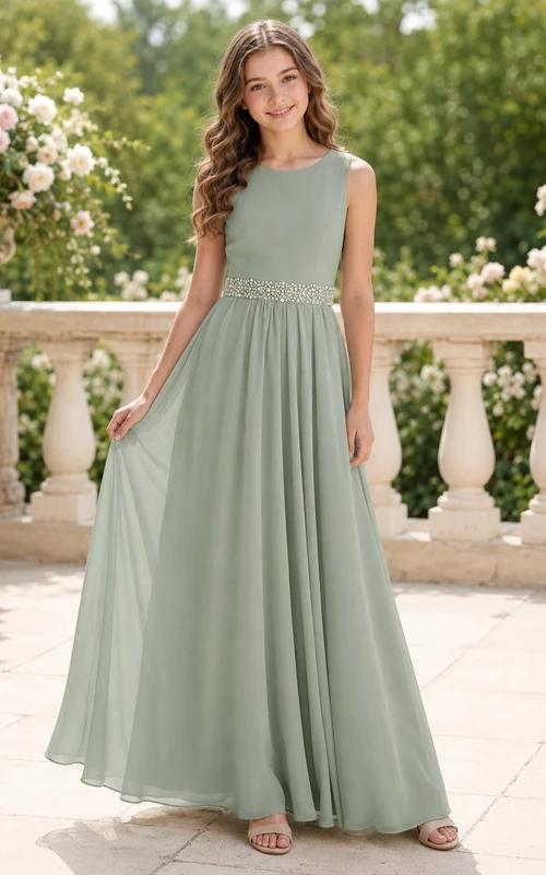 Celadonfarbenes Brautjungfernkleid für junge Mädchen, A-Linie, Rundhalsausschnitt, ärmellos, Chiffon, perlenbesetzte Taille, elegant