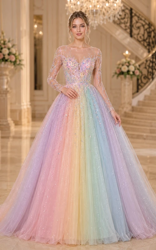 Pastel Rainbow Illusion Long Sleeve Beaded Tulle Ball Gown Floor-Length Dress