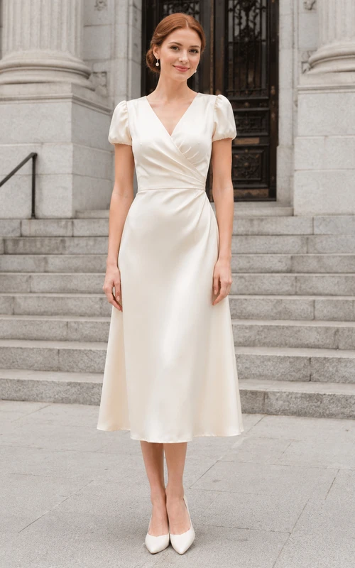 Robe de mariée midi portefeuille en satin à col en V, style courtoisie, à petit prix